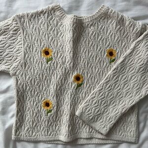 ZARA GIRLS - Cream Cable Knit Sweater with Sunflower Embroidery